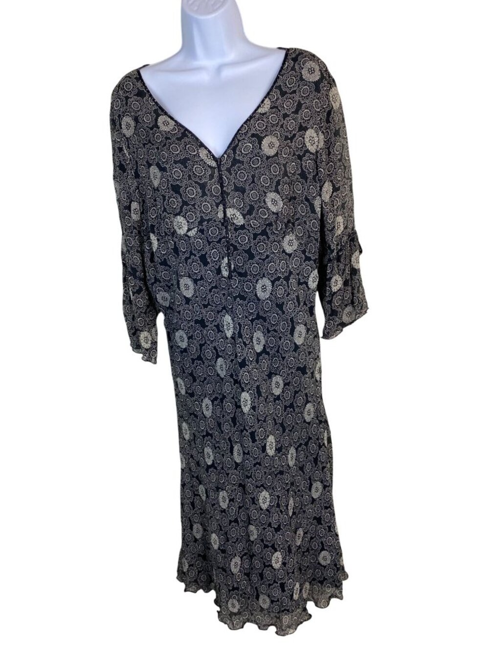 Garnet Hill 100% Silk Midi Dress Black White Floral Size 16 Lightweight Boho